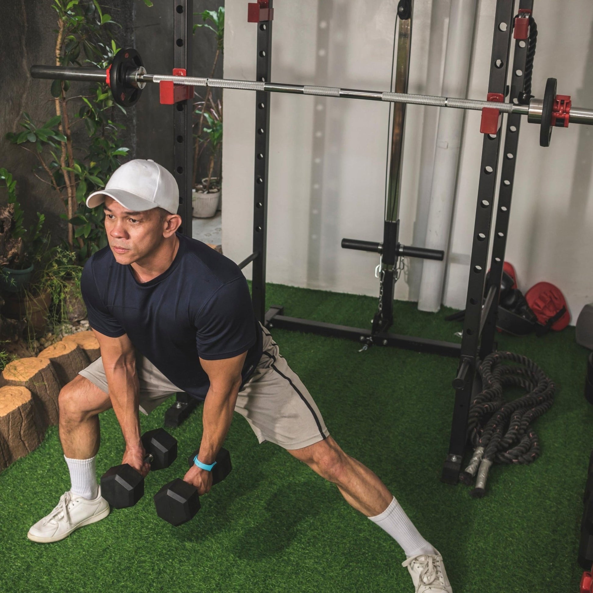 Complete Home Strength Station with Cage Frame, Bar System & Training Weight Set - elivongym