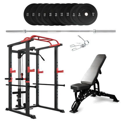 Complete Home Strength Station with Cage Frame, Bar System & Training Weight Set - elivongym