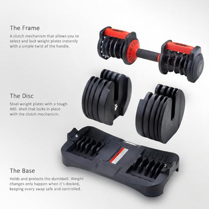ElivonGym Compact Dial Adjustable Dumbbells – 24kg Quick Select Weight System - elivongym