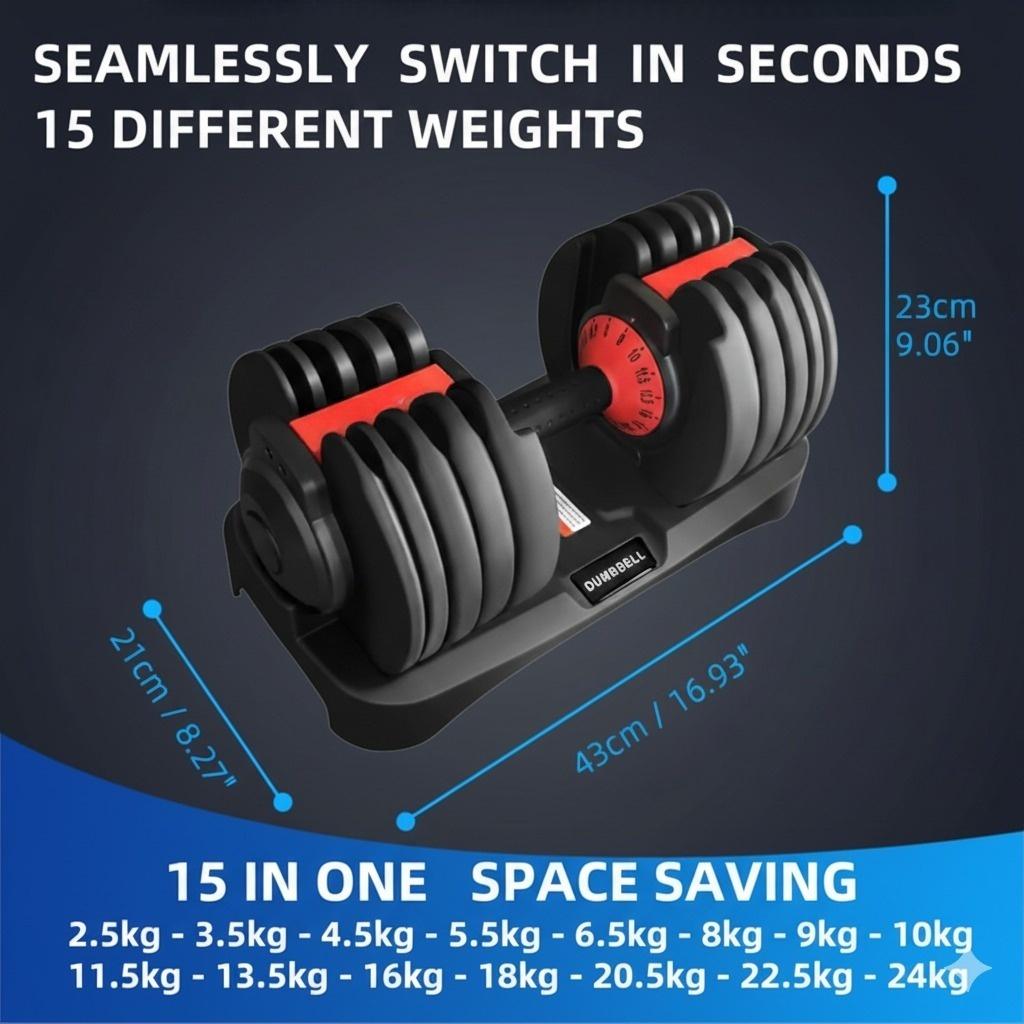 ElivonGym Compact Dial Adjustable Dumbbells – 24kg Quick Select Weight System - elivongym